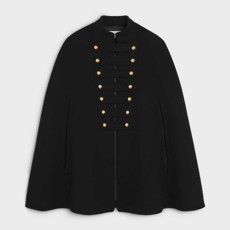 Kabáty Celine Officer Cape In Vlna And Cashmere Cloth Čierne | CL-592626