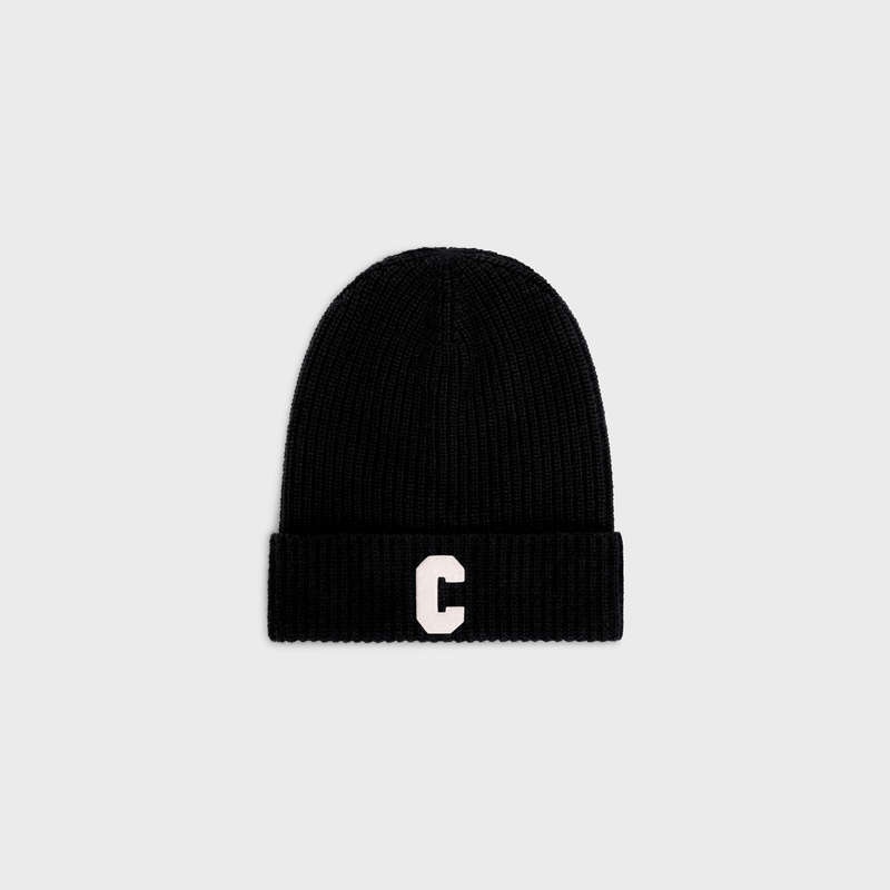 Klobuk Celine Initial Beanie In Rebrovaný Vlna Čierne | CL-591713