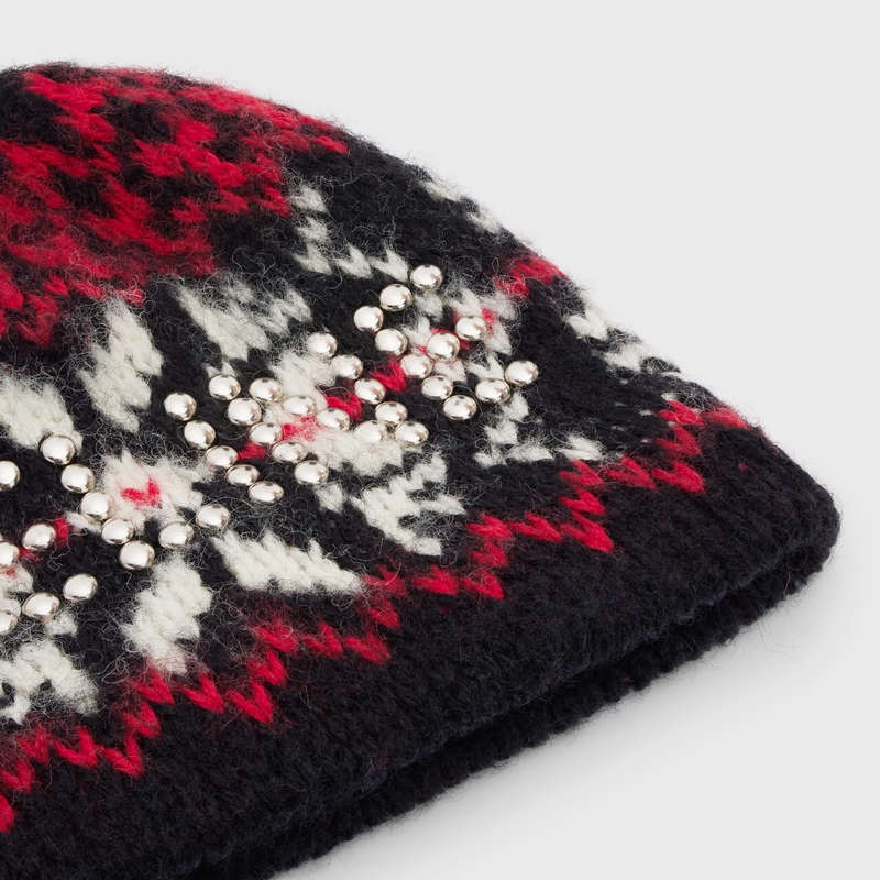 Klobuk Celine Studs Beanie In Snowflakes Vlna Čierne Červené Biele | CL-591719