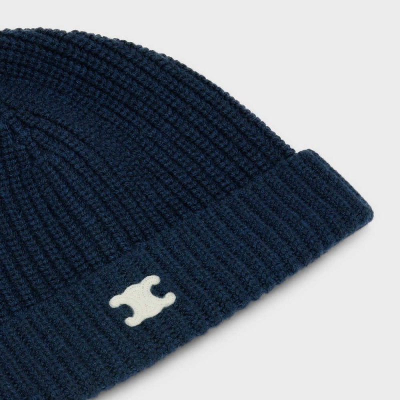 Klobuk Celine Triomphe Embroidered Beanie In Heritage Cashmere Námornícka Modrá | CL-592371