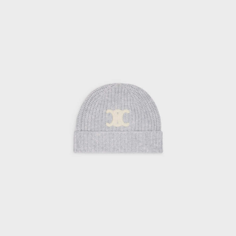 Klobuk Celine Triomphe Embroidered Beanie In Seamless Cashmere Svetlo Siva | CL-592370