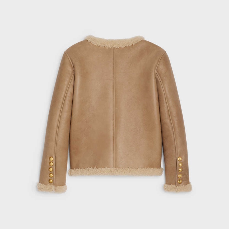 Leather Celine Cardigan In Curly Shearling Hnede Krém | CL-592615