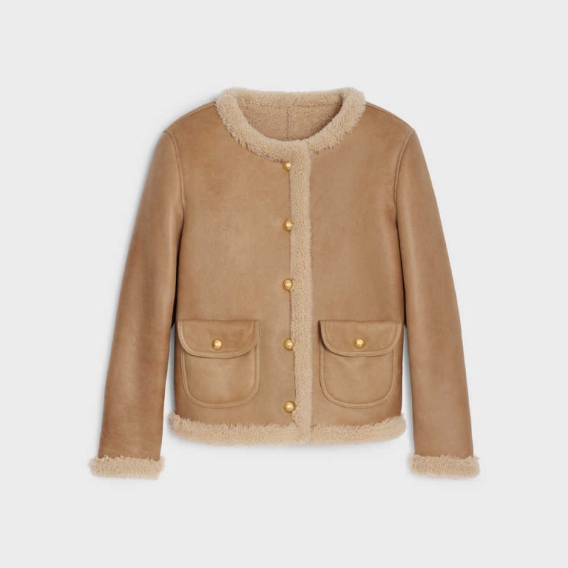 Leather Celine Cardigan In Curly Shearling Hnede Krém | CL-592615