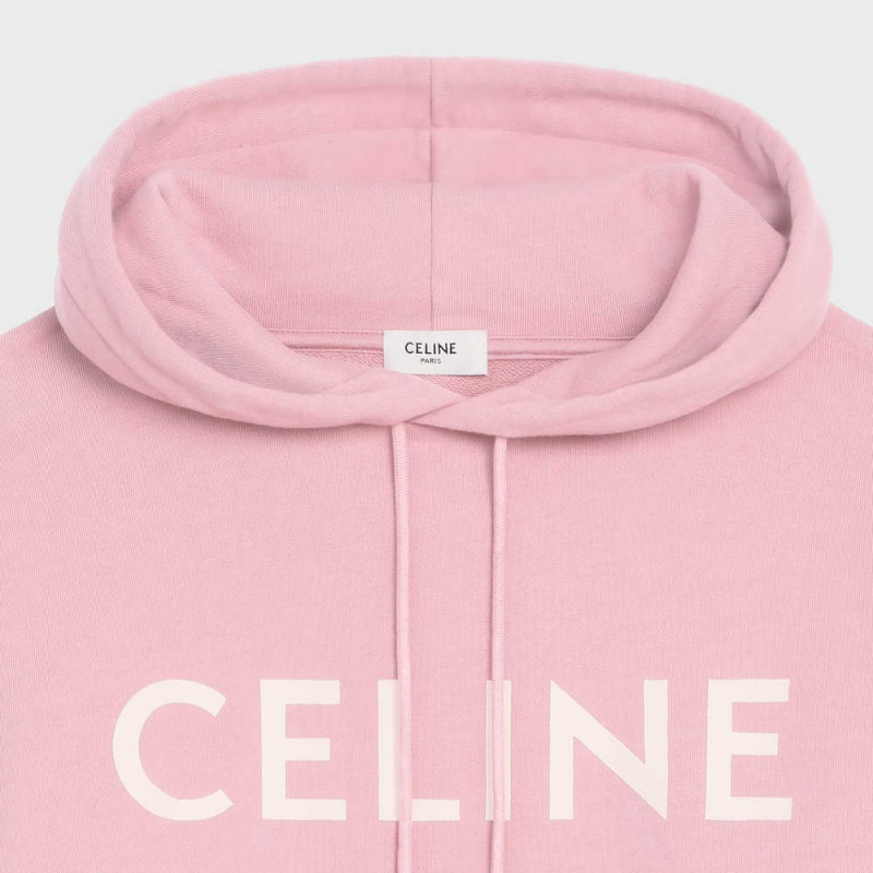 Mikiny Celine Loose Hoodie In Bavlnene Fleece Ruzove Biele | CL-592806