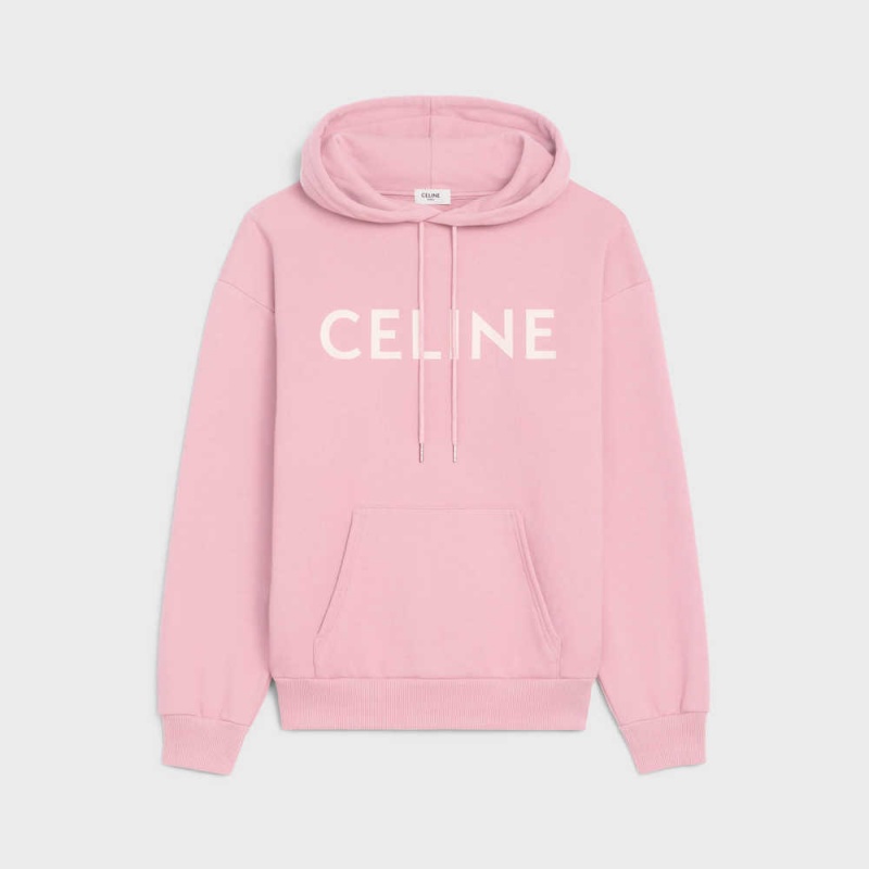 Mikiny Celine Loose Hoodie In Bavlnene Fleece Ruzove Biele | CL-592806