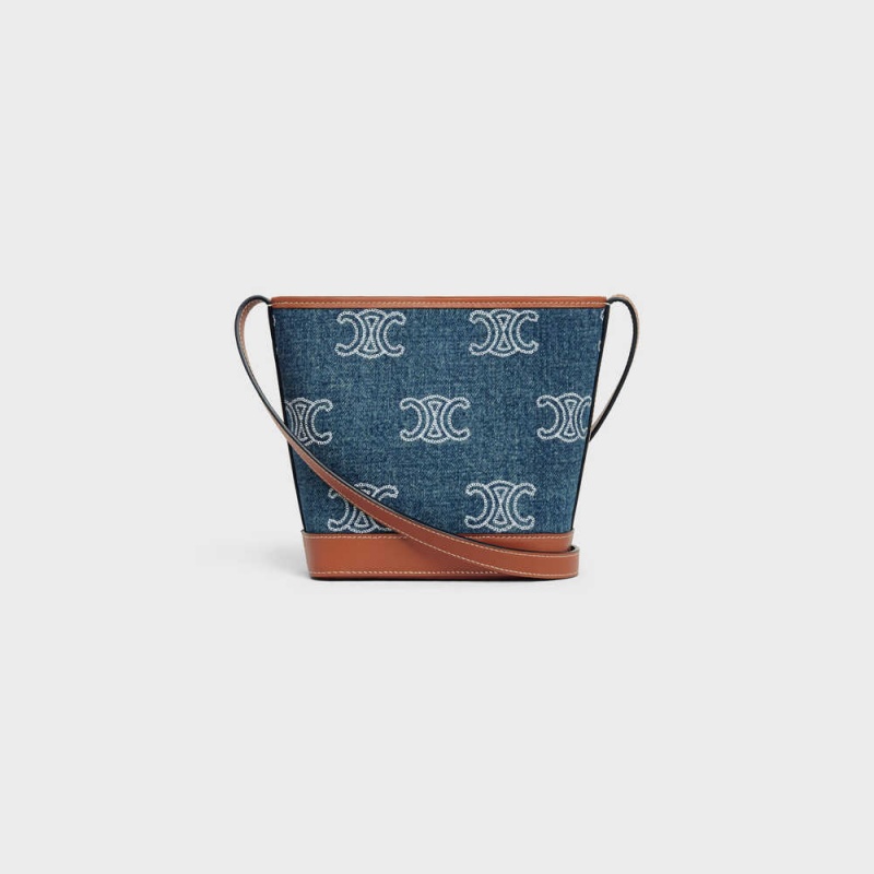 Mini Tašky Celine Bucket Cuir Triomphe In Denim With Triomphe All-over Embroidery And Calfskin Námornícka Modrá Hnede | CL-593041