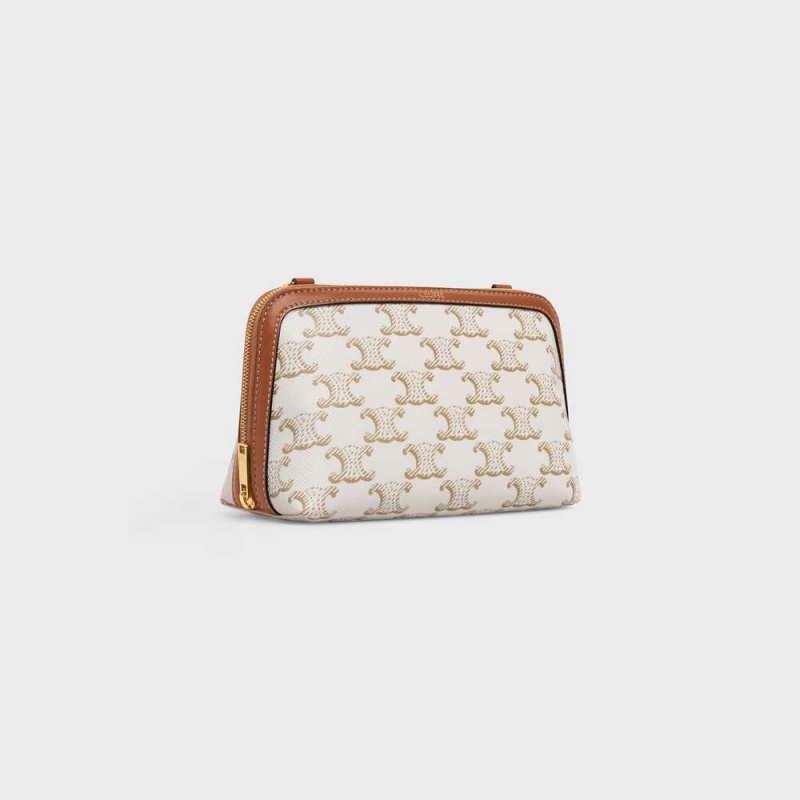 Mini Tašky Celine Clutch With Chain In Triomphe Platene And Lambskin Biele Hnede | CL-593032