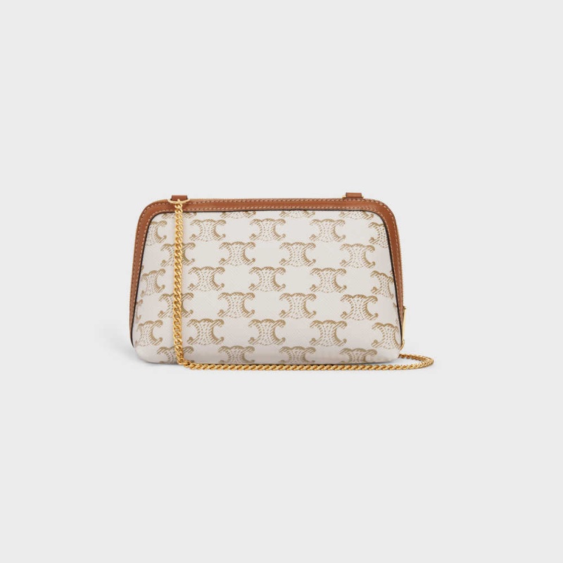 Mini Tašky Celine Clutch With Chain In Triomphe Platene And Lambskin Biele Hnede | CL-593032