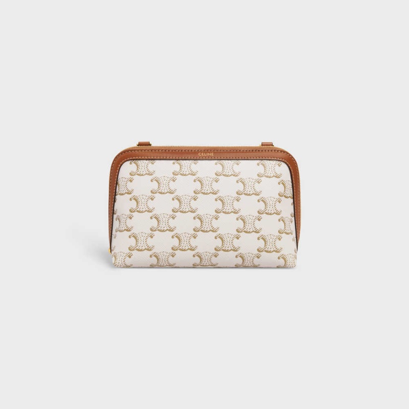 Mini Tašky Celine Clutch With Chain In Triomphe Platene And Lambskin Biele Hnede | CL-593032