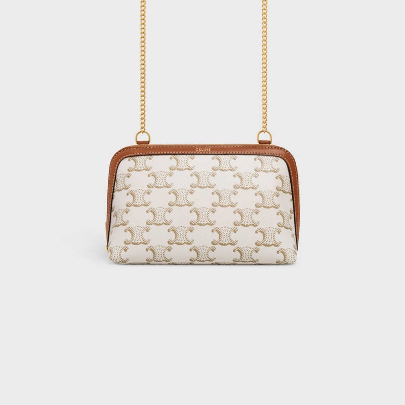 Mini Tašky Celine Clutch With Chain In Triomphe Platene And Lambskin Biele Hnede | CL-593032