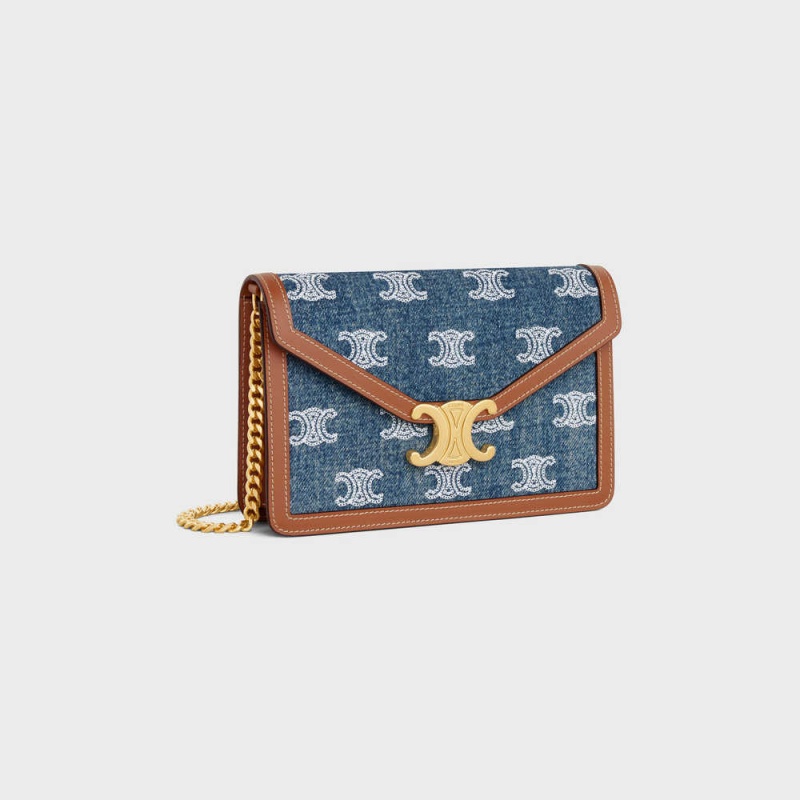 Mini Tašky Celine Wallet On Chain Triomphe In Denim With Triomphe All-over Embroidery And Calfskin Námornícka Modrá Hnede | CL-593027