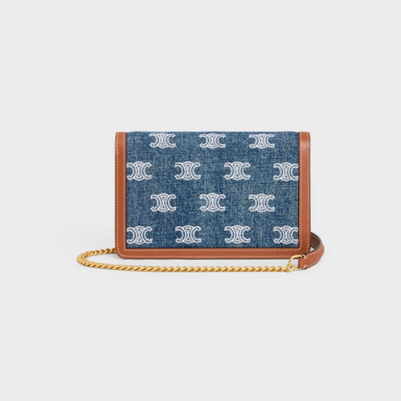 Mini Tašky Celine Wallet On Chain Triomphe In Denim With Triomphe All-over Embroidery And Calfskin Námornícka Modrá Hnede | CL-593027