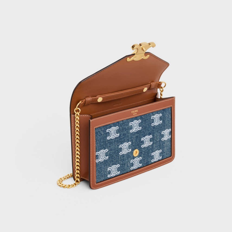 Mini Tašky Celine Wallet On Chain Triomphe In Denim With Triomphe All-over Embroidery And Calfskin Námornícka Modrá Hnede | CL-593027