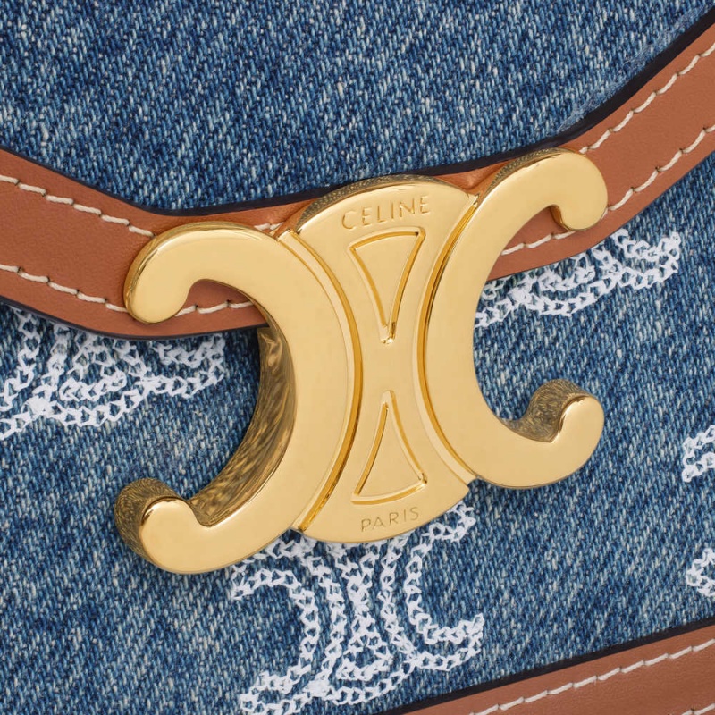 Mini Tašky Celine Wallet On Chain Triomphe In Denim With Triomphe All-over Embroidery And Calfskin Námornícka Modrá Hnede | CL-593027