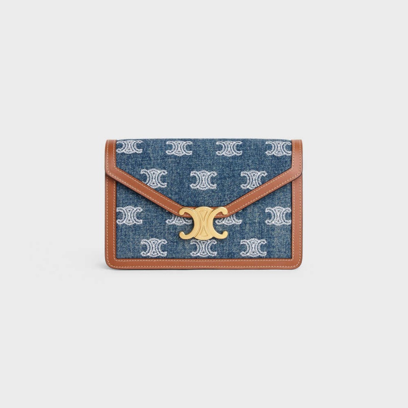 Mini Tašky Celine Wallet On Chain Triomphe In Denim With Triomphe All-over Embroidery And Calfskin Námornícka Modrá Hnede | CL-593027