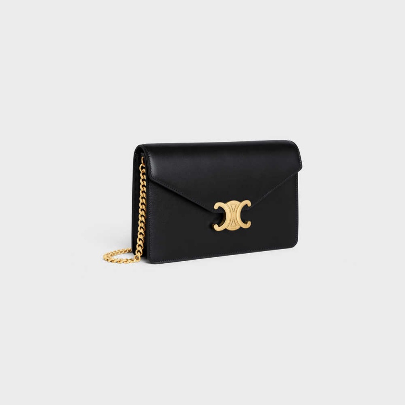 Mini Tašky Celine Wallet On Chain Triomphe In Shiny Calfskin Čierne | CL-593021