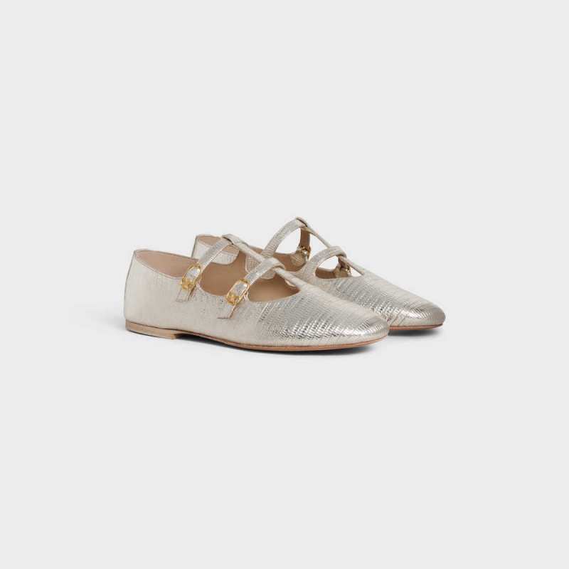 Mokasiny Celine Les Ballerines Double Remienkove Mary Jane Ballerina In Lizard Stamped Metalized Calfskin Strieborne | CL-592534