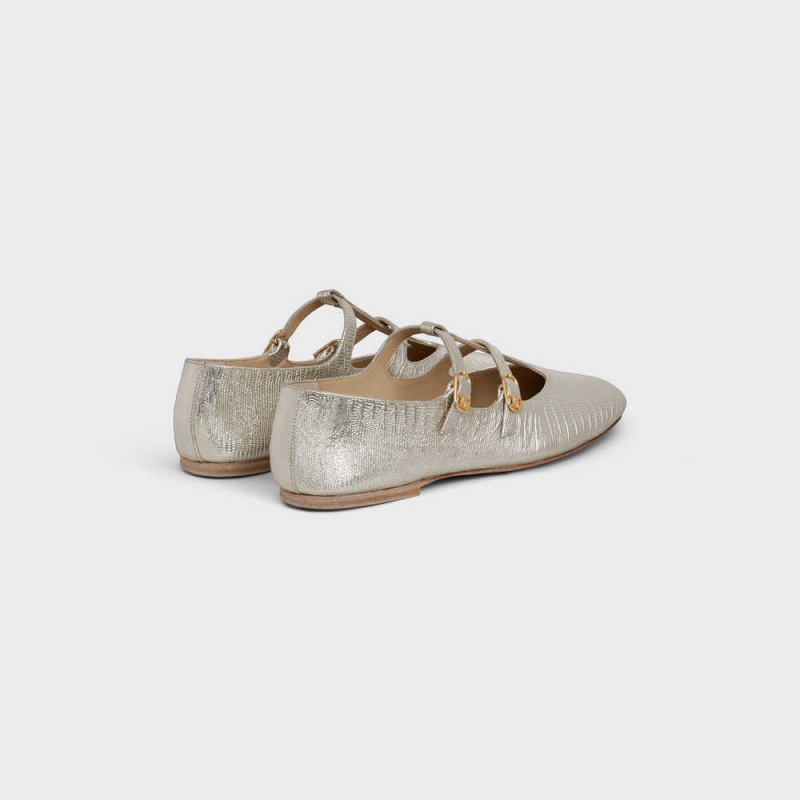 Mokasiny Celine Les Ballerines Double Remienkove Mary Jane Ballerina In Lizard Stamped Metalized Calfskin Strieborne | CL-592534