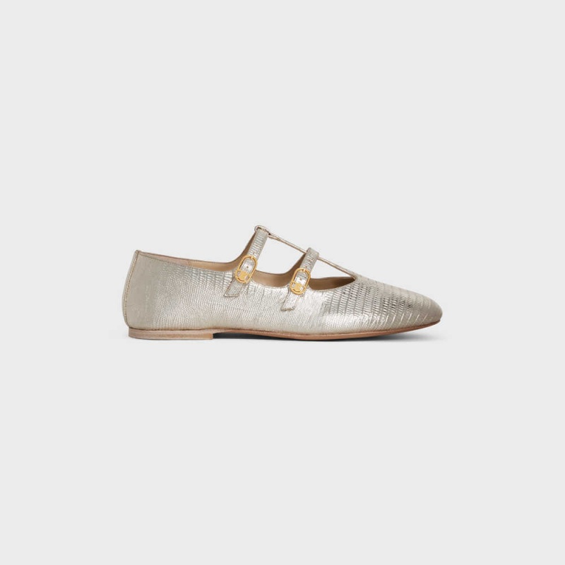 Mokasiny Celine Les Ballerines Double Remienkove Mary Jane Ballerina In Lizard Stamped Metalized Calfskin Strieborne | CL-592534