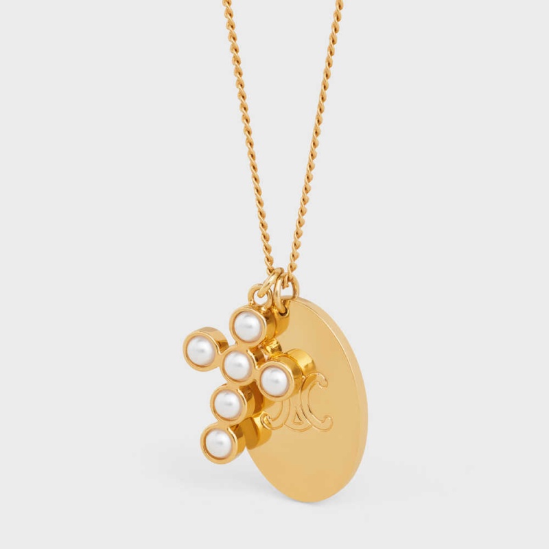 Nahrdelniky Celine Triomphe Folk Pearl In Brass With Gold Finish And Resin Pearls Zlate Biele | CL-592257