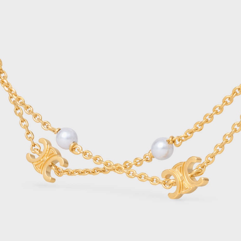 Nahrdelniky Celine Triomphe Pearl Double In Brass With Gold Finish And Resin Pearls Zlate Biele | CL-592241