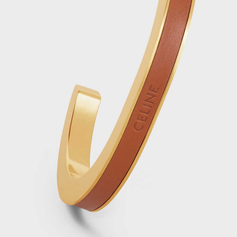 Naramky Celine Formes Simples Kozene Cuff In Brass With Gold Finish And Calfskin Zlate Hnede | CL-592214