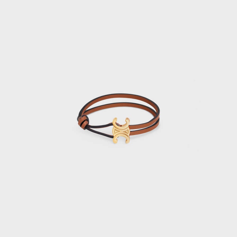 Naramky Celine Triomphe Clasp In Brass With Gold Finish And Tan Smooth Calfskin Zlate Hnede | CL-592205