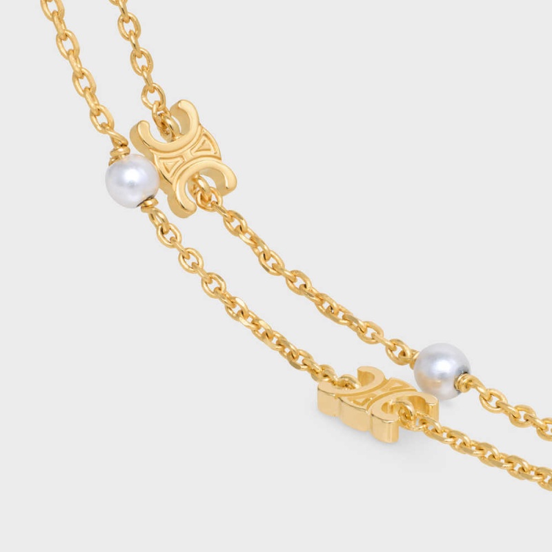 Naramky Celine Triomphe Pearl Double In Brass With Gold Finish And Resin Pearls Zlate Biele | CL-592236