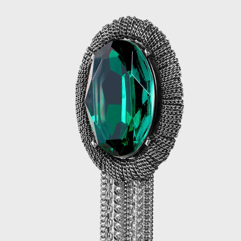 Nausnice Celine Les Pierres Oval Brooch In Brass With Rhodium Finish And Green Strass Strieborne Zelene | CL-591676