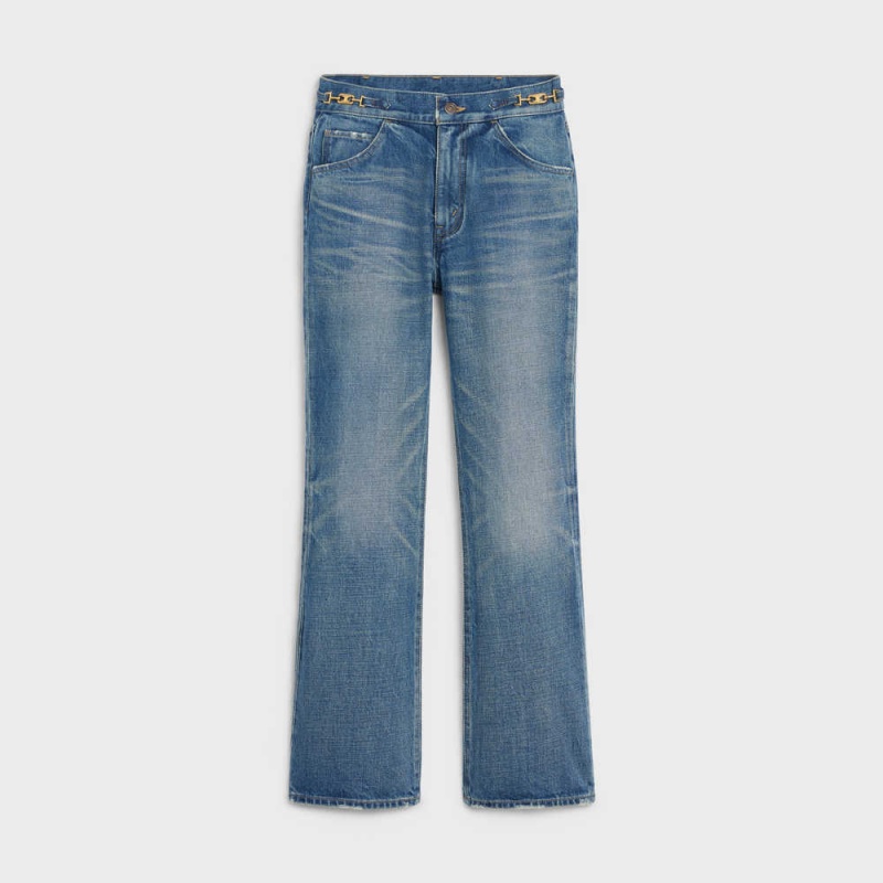 Nohavice Celine Dylan Flared Jeans With Signature In Union Wash Denim Modre Svetlomodrá | CL-592717