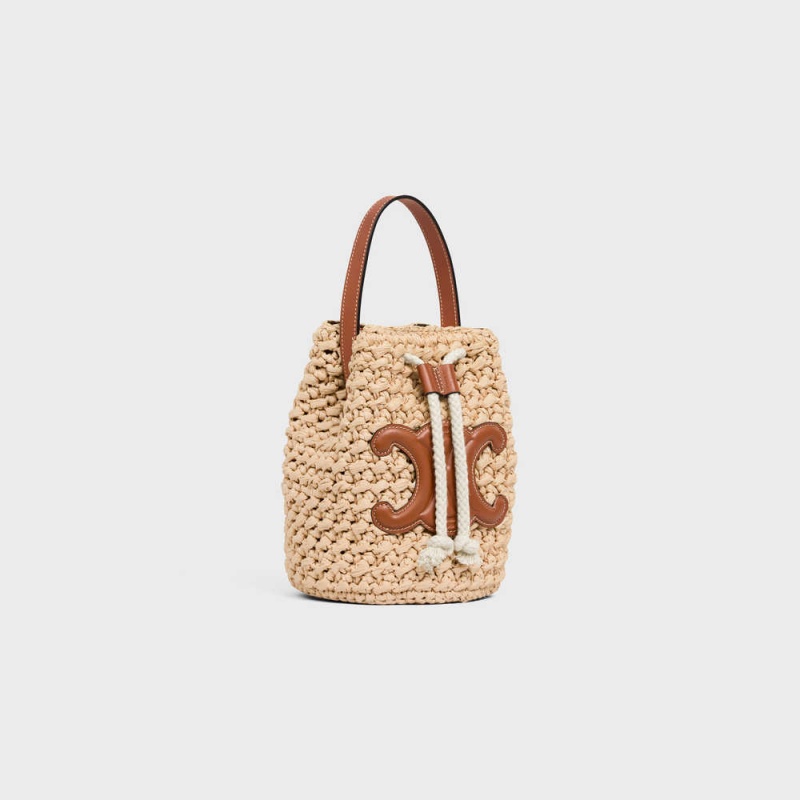 Panier Celine Teen Drawstring In Raffia And Calfskin Béžové Hnede | CL-593071