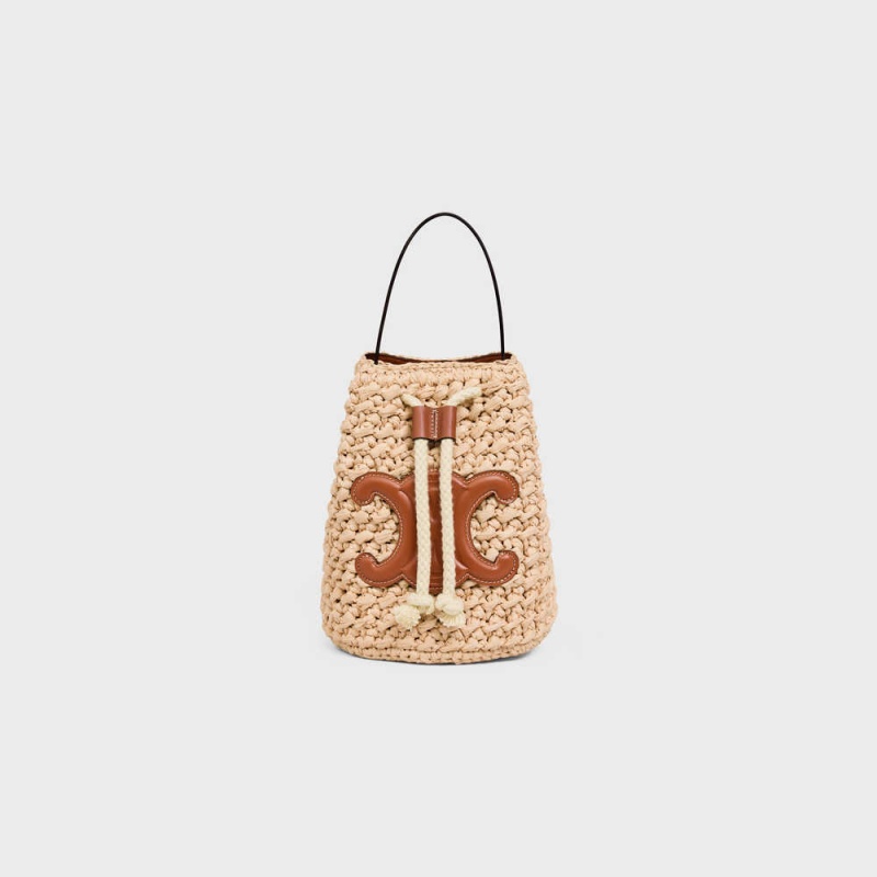 Panier Celine Teen Drawstring In Raffia And Calfskin Béžové Hnede | CL-593071