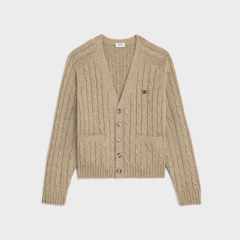 Pleteniny Celine Cable-knit Triomphe Cardigan In Cashmere Svetlo Siva Hnede | CL-592084