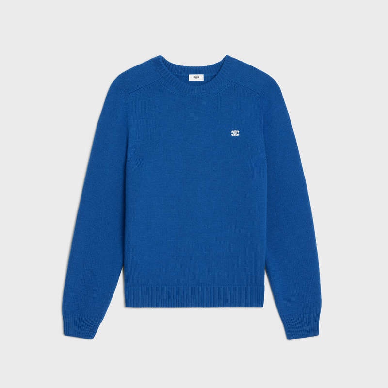 Pleteniny Celine Triomphe Crew Neck In Cashmere Vlna Kráľovská Modrá Modre | CL-592097