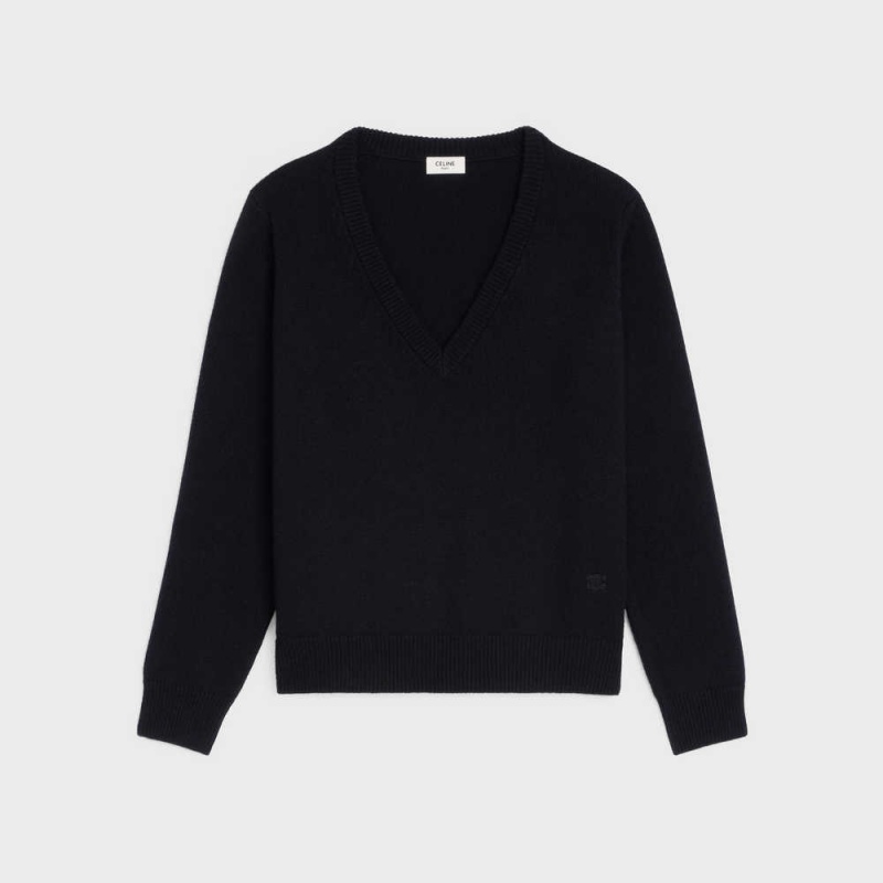 Pleteniny Celine Triomphe V-neck In Heritage Cashmere Čierne | CL-592703