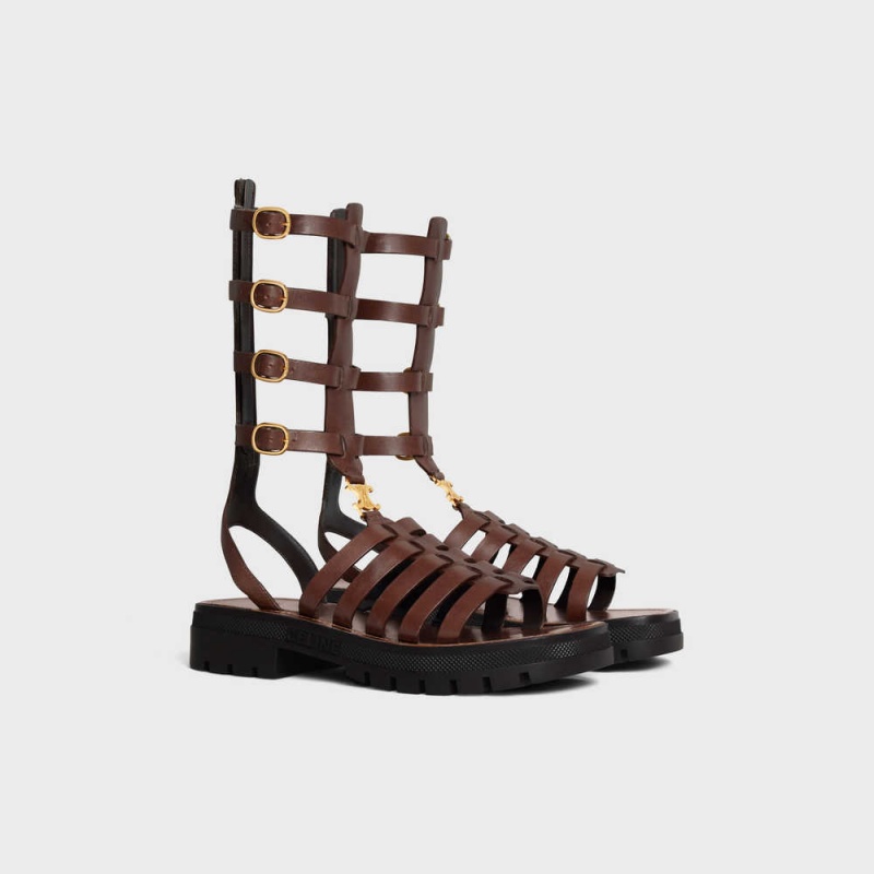 Sandale Celine Clea Triomphe Gladiator Stredne In Calfskin & Vegetal Tanning Tmavo Hnede | CL-592576