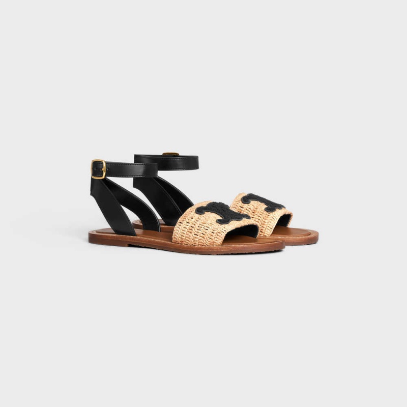 Sandale Celine Lympia Balerinky Remienkove In Raffia & Calfskin Béžové Čierne | CL-592578