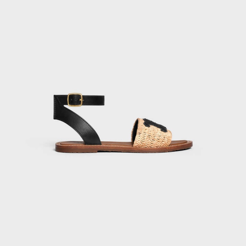 Sandale Celine Lympia Balerinky Remienkove In Raffia & Calfskin Béžové Čierne | CL-592578