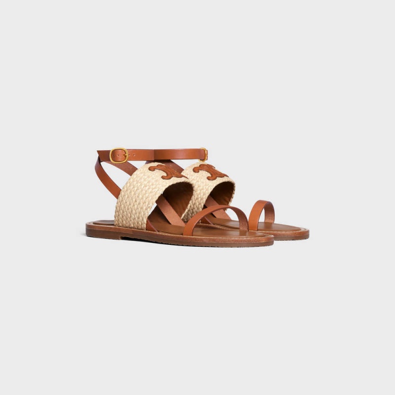 Sandale Celine Lympia Balerinky Remienkove In Raffia & Calfskin - Vegetal Tanning Béžové Hnede | CL-592577