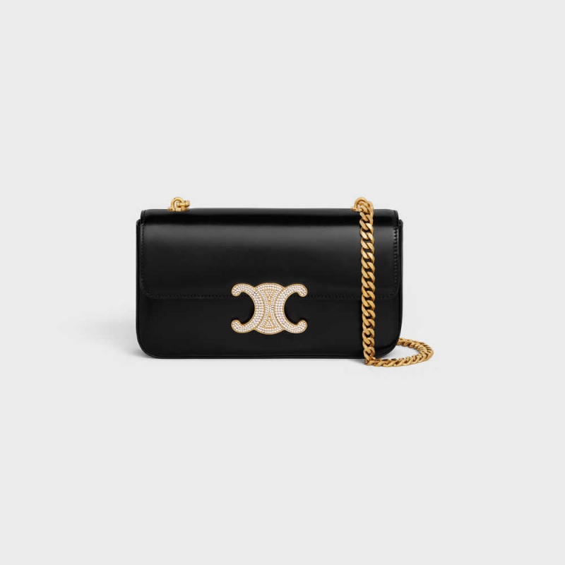 Triomphe Celine Chain Shoulder Bag With Strass Closure In Shiny Calfskin Čierne | CL-593231