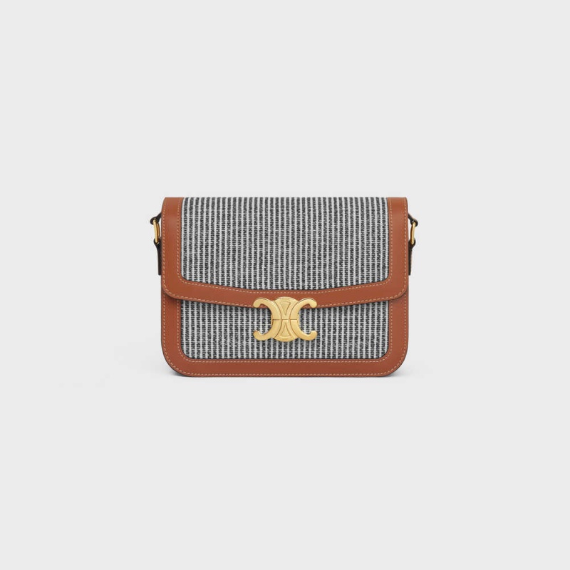 Triomphe Celine Classique Bag In Pruhované Textilne And Calfskin Tmavo Siva | CL-593179