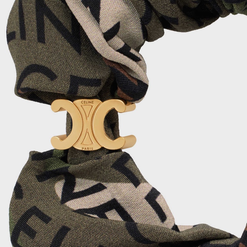 Vlasové Doplnky Celine Scrunchy Camouflage In Brass With Gold Finish And Khaki Silk Zlate Hnedožltý | CL-592326