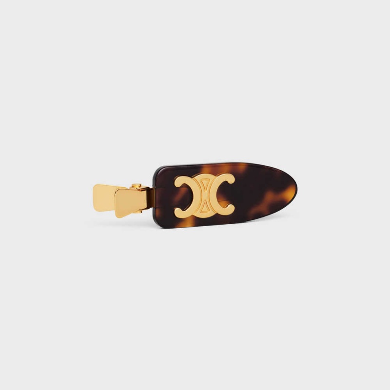 Vlasové Doplnky Celine Triomphe Balerinky Hair Clip In Dark Havana Acetate And Brass With Gold Finish And Steel Zlate | CL-592322