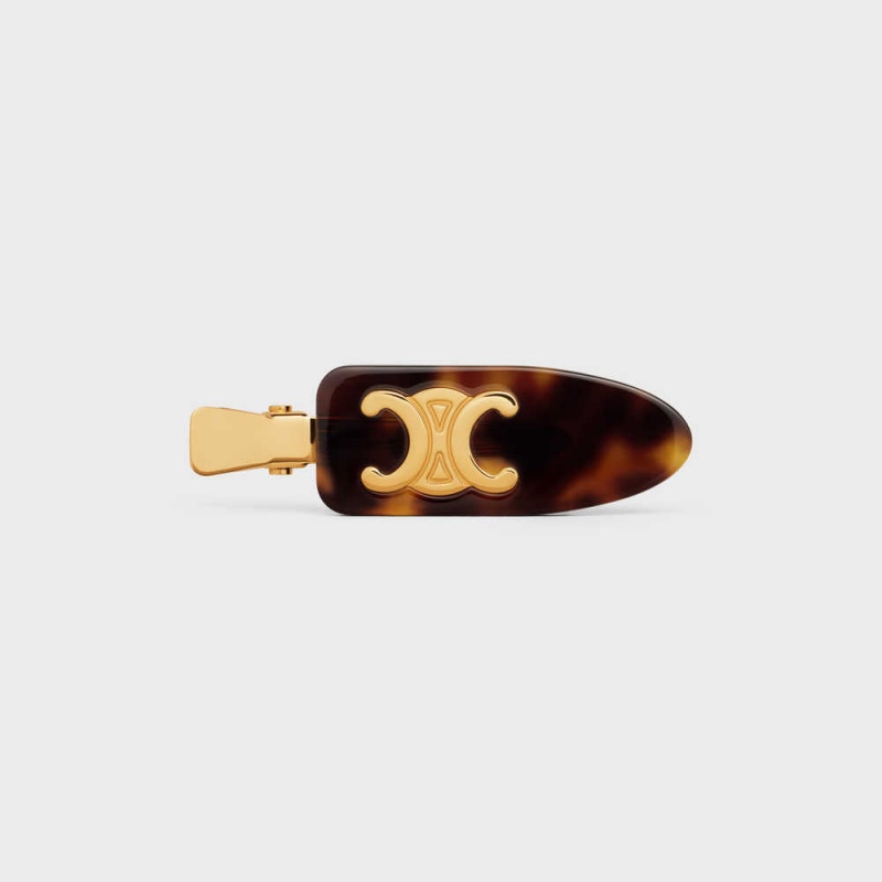 Vlasové Doplnky Celine Triomphe Balerinky Hair Clip In Dark Havana Acetate And Brass With Gold Finish And Steel Zlate | CL-592322